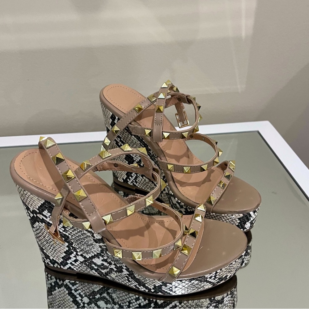 Tan and Snakeskin studded wedges